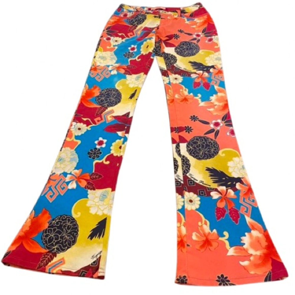 VTG RARE Y2K Voyage Passion Pink Oriental Floral Print Flare Jeans Size 27